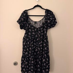 Wild Fable Spring Summer black floral dress with short puff sleeves and buttons